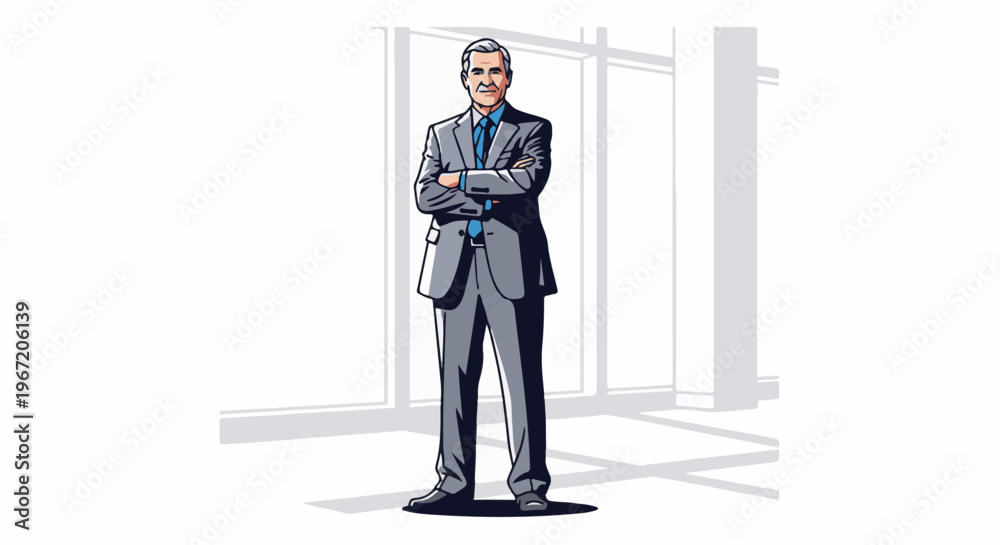 Fototapeta premium Confident businessman in a suit stands with arms crossed indoors