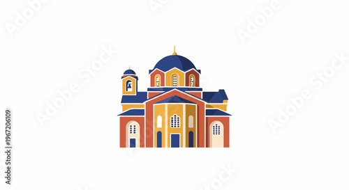 Stylized graphic of a large building with a central dome and bell tower