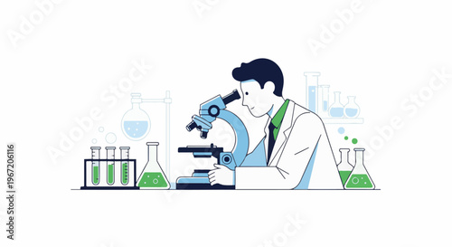 Scientist in lab coat using microscope surrounded by lab equipment