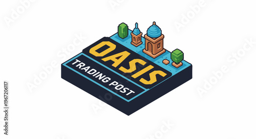 Pixel art isometric trading post with buildings and trees