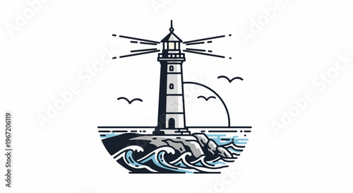 Coastal lighthouse with beam and gulls against a semicircular sun on water