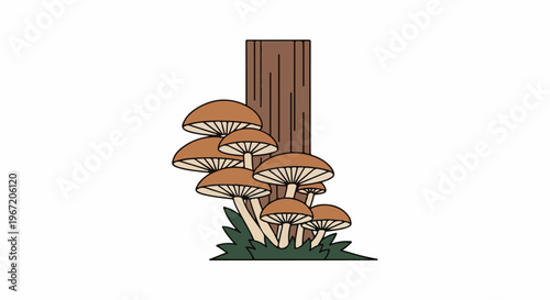 Cluster of brown mushrooms grows on a wooden stump with green grass