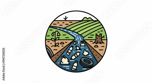 Pollution in a river flowing through agricultural land and forest