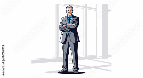 Confident businessman in a suit stands with arms crossed indoors