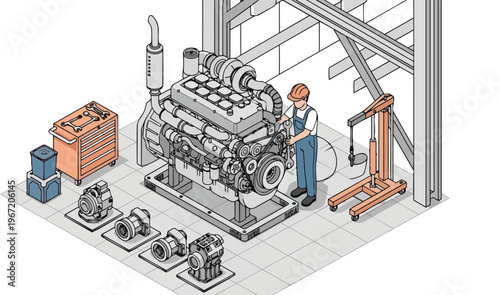 Isometric Vector Illustration of a Mechanic Performing Maintenance on a Large Diesel Engine in a Technical Workshop Environment