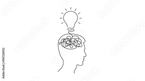 Light bulb symbol over a profile head with tangled lines representing a complex brain and ideas, symbolizing creativity and thought.