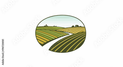 Scenic agricultural landscape with rolling hills, fields, and a winding path