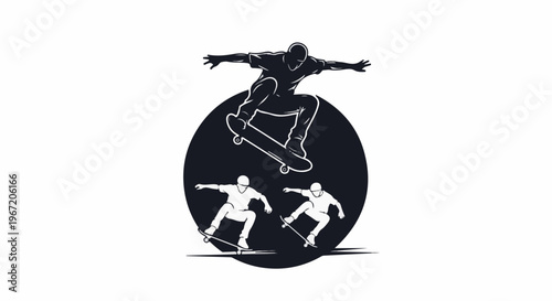 Dynamic stylized illustration of skateboarders performing tricks against a dark circle