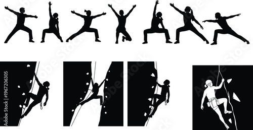 Rock Climbing and Adventure Sport Silhouette Set with Climbers on Cliff Wall, Outdoor Extreme Activity and Fitness Training Concept