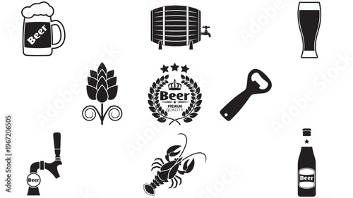 Beer icons including a mug, barrel, glass, hops, crest, bottle opener, tap, lobster, and bottle with cap.
