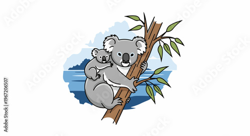 Mother and baby koalas clinging to a tree branch by the water