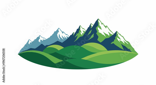 Stylized mountain peaks rise above rolling green hills