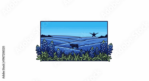 Pixel art landscape with bluebonnets, rolling hills, cow, and star