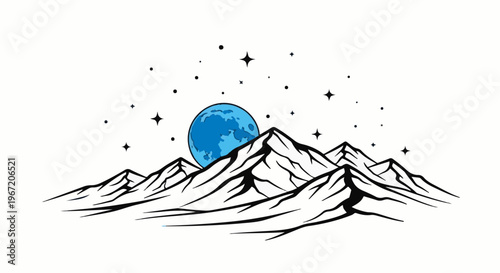 Stylized mountains beneath a blue moon and starry sky