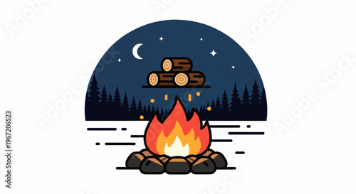 Nighttime campfire scene with stacked logs above a blazing fire