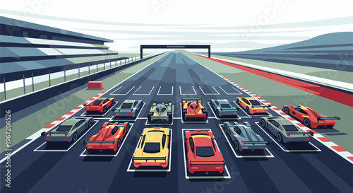Pixelated race cars lined up on a track, ready for a competition