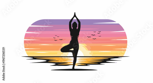 Silhouette of person in yoga tree pose at sunset over ocean with birds