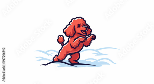Cheerful red poodle leaping playfully in stylized blue snow drifts
