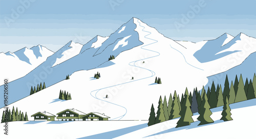 Pixel art landscape with snow-covered mountains, ski slopes, and chalets