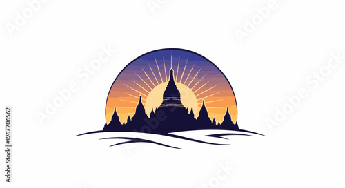 Silhouette of Buddhist stupas against a radiant sunset sky