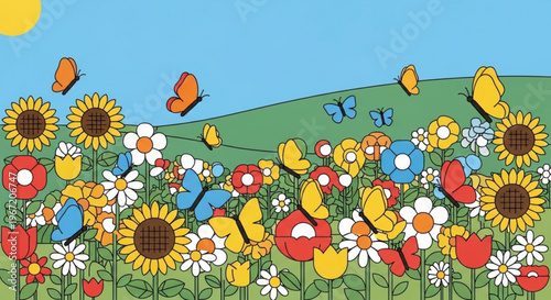 Vibrant butterflies fluttering among colorful sunflowers daisies and tulips in a lush green meadow under a bright blue sky