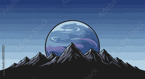Pixel art of a giant planet rising over jagged mountains under a twilight sky