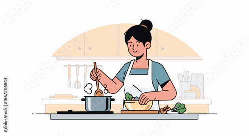 Person preparing food in a modern kitchen, cooking, and mixing ingredients