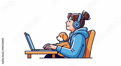 Person wearing headphones, holding a puppy, and typing on a laptop