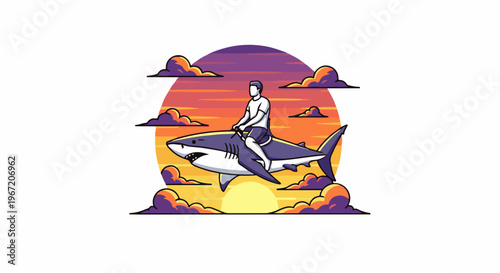 Person riding a shark against a vibrant sunset sky with clouds