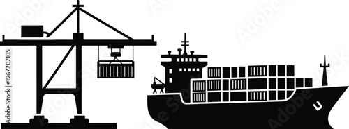 Silhouette of a large cargo crane loading containers onto a freighter ship, representing global shipping and logistics