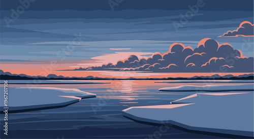 Pixelated sky at dusk with pink clouds over icy water