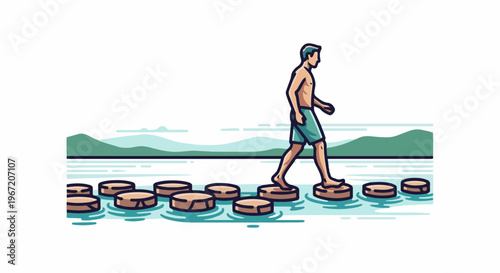 Man walking across water on stepping stones with mountains in the background