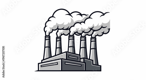 Cartoon factory with multiple smoking chimneys against a white background
