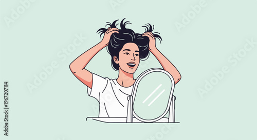 Joyful person styling hair, looking into mirror with hands raised