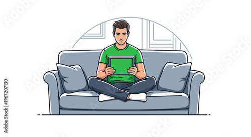 Man sitting cross-legged on a couch, holding a green tablet