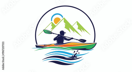Silhouette kayaker paddles on vibrant waters near green mountains
