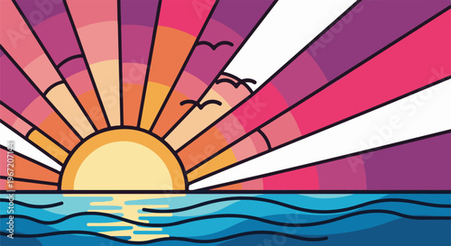 Stylized sunset with sun over wavy ocean and flying birds in colorful rays
