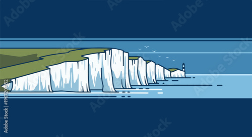 Stylized coastal cliffs with a lighthouse and birds by the sea