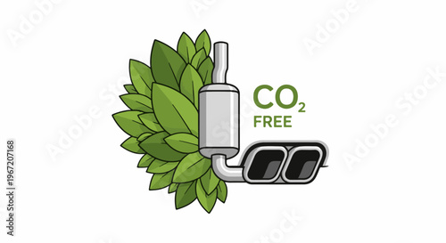 Car exhaust pipe intertwined with lush green leaves, symbolizing eco-friendliness