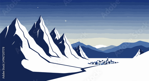 Pixelated snowy mountains over a village with a starry, twilight sky