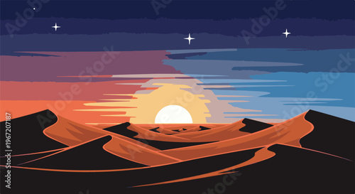 Pixel art desert dunes at sunset with stars in a gradient sky