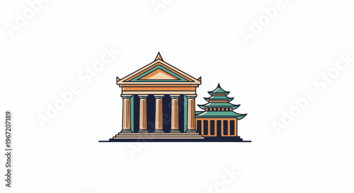 Stylized buildings, one classical, one pagoda
