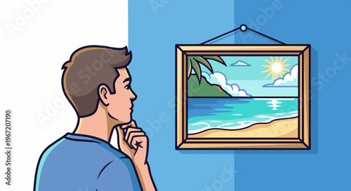 Man contemplates a vibrant beach scene painting, lost in thought