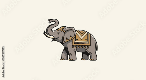 Cartoon elephant with decorative saddle blanket and tusks