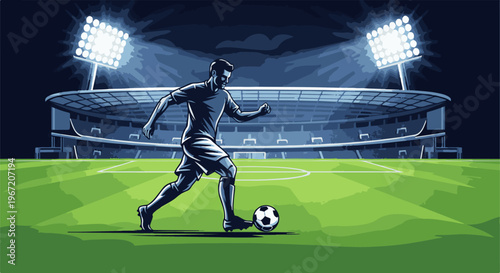 Pixelated soccer player dribbles ball on brightly lit stadium field at night