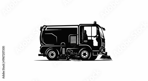 Black and white illustration of a street cleaning vehicle with brushes