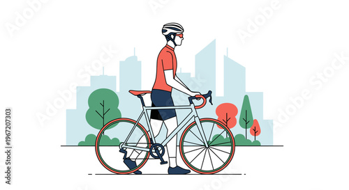 Healthy man in a helmet standing with his bicycle in an urban park with a city skyline and trees in the background.