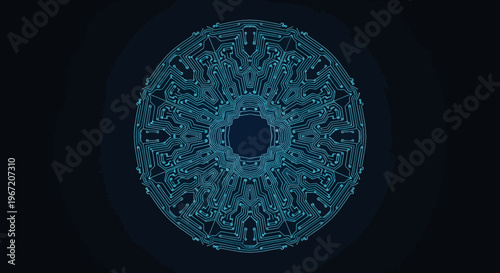 Intricate blue circuit board pattern resembling a mandala on a dark blue background, technology and digital design concept.