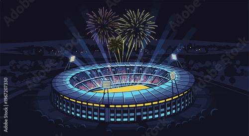 Pixelated stadium illuminated by floodlights and fireworks at night