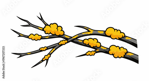 Stylized dark branches with bright yellow growths, against white